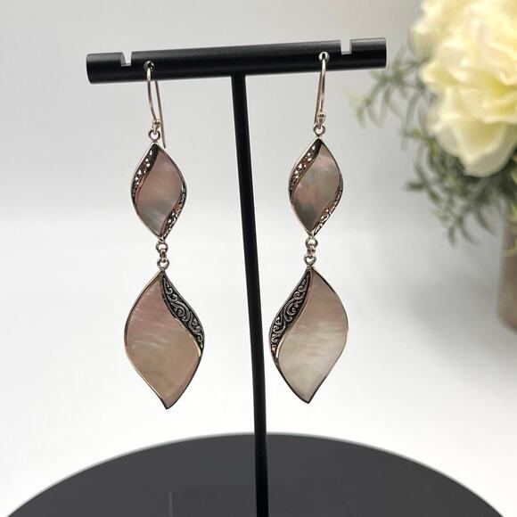 Samuel Benham Signed Designer Sterling Silver Mother of Pearl Two Drop Earring - Picture 2 of 8